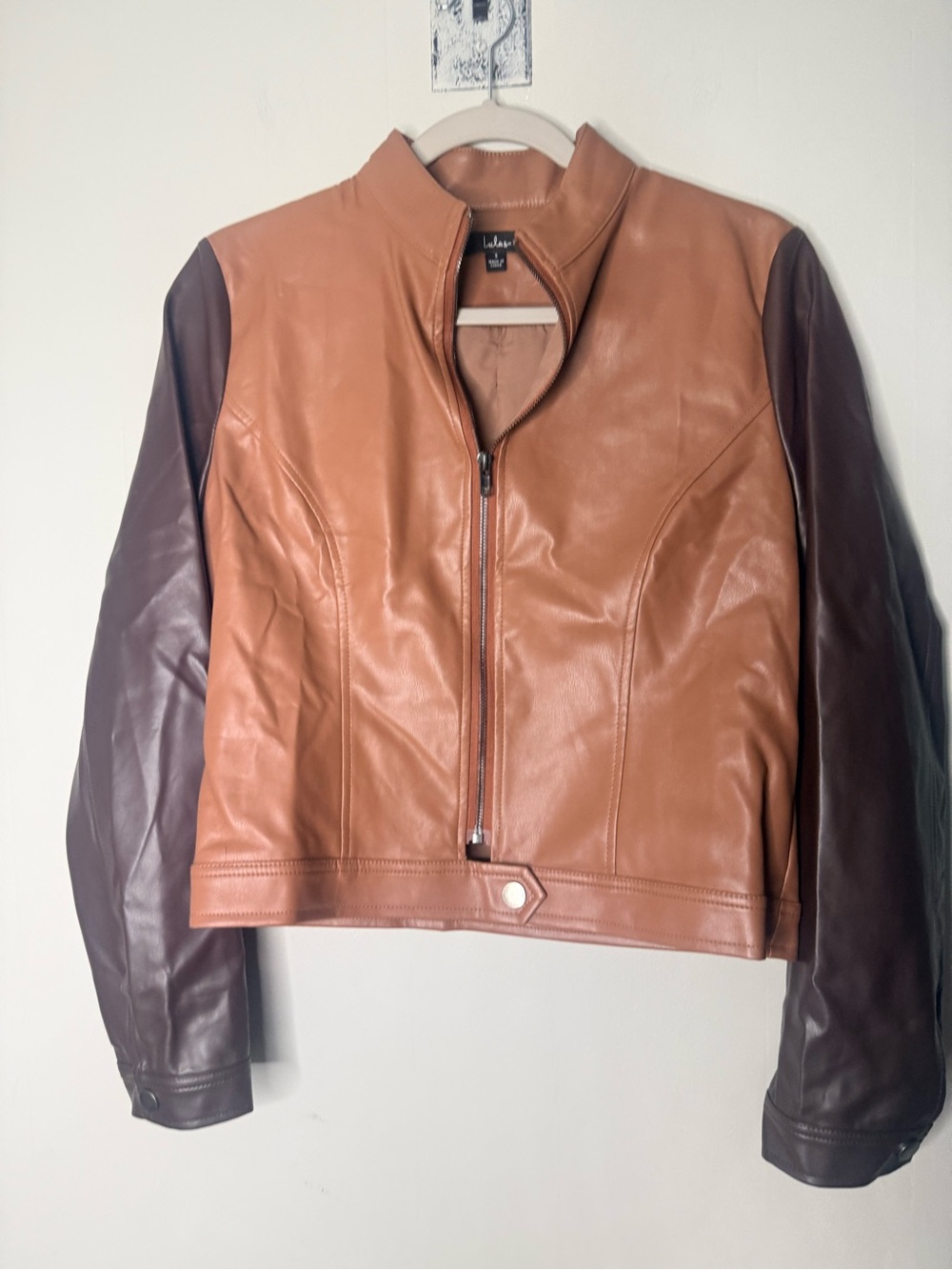 Lulu's Two-Tone Leather Jacket in Tan Body with Dark Brown Sleeves
